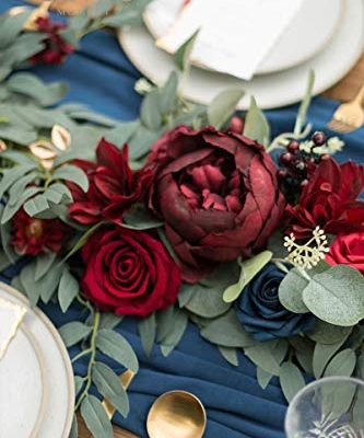 Silky Flower Store Eucalyptus Rose Garland, Burgundy Navy Sweetheart Table Decor, 6FT 8 8 Product: Ling's Moment Flower Garland - 6FT Eucalyptus & Rose - Sweetheart Table Decor for Wedding Reception, Artificial Floral Garland for Mantle, Thanksgiving, Christmas Decoration, Burgundy & Navy
