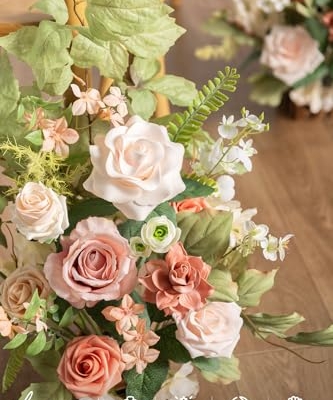 Silky Flower Store Standing Artificial Flower Arrangements, Blush Pink Wedding Aisle Decor, 4pc Faux Floral Centerpieces, 17.5in 10 10 Product: Ling's Moment 17.5" Tall Standing Artificial Flowers Arrangements 4pcs Fall Wedding Aisle Runner Chair Decorations Blush & Pink Centerpieces for Ceremony Reception Rose Floral Party Outdoor