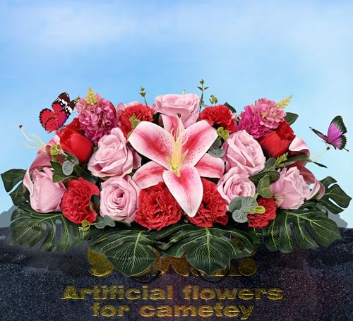 Silky Flower Store Artificial Cemetery Flower Saddle, Pink Rose Lily Red Carnation Tulip, Memorial Grave Vase, Butterflies, 32.5cm 2 2 Product: SUHOOKOO Handmade Cemetery Flowers for Grave Decor, Artificial Headstone Flower Saddle, Bright and Colorfast,Easy Fit, Tombstone Silk Pink Rose Lily/Red Carnation Tulip, 2 lovely butterflies included