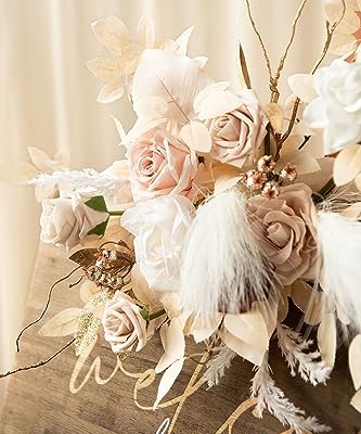 Silky Flower Store Faux Floral Wedding Welcome Sign Garland, White Beige Artificial Flowers, Reusable Decor, 20x10in 7 7 Product: Ling's Moment Fall Wedding Floral Swag Welcome Sign Artificial Flowers Backdrop Garland White Beige for Ceremony Reception Door Wall Easel Home Decoration Entryway Faux Outdoor Board Head Table Decor