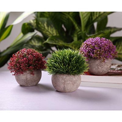 Silky Flower Store Artificial Mini Plants Grey Pot Set of 3, Home Office Wedding Decor, Faux Greenery 4.9in 9 9 Product: T4U Mini Artificial Plants in Grey Pot, Plastic Fake Green Colorful Flower Topiary Shrubs for Home Office Wedding Decoration Set of 3
