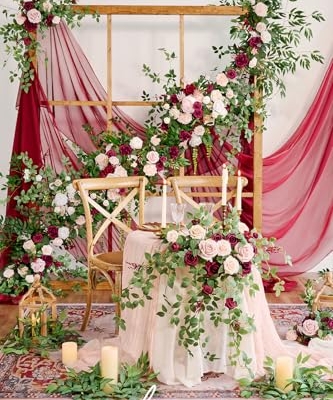 Silky Flower Store Spring Flower Garland, Wedding Arch Flowers, Eucalyptus Rose Artificial Floral Garland, Mantle Table Decor, Marsala, 9FT 11 11 Product: Ling's Moment 9FT Spring Flower Garland - Wedding Arch Flowers, Eucalyptus & Rose, Artificial Floral Garland for Mantle - Sweetheart Table Decor for Reception, Backdrop Decorations, Marsala