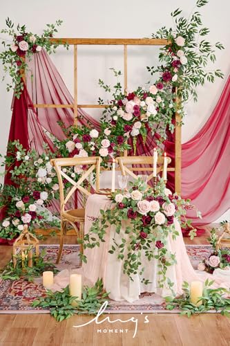 Silky Flower Store Spring Flower Garland, Wedding Arch Flowers, Eucalyptus Rose Artificial Floral Garland, Mantle Table Decor, Marsala, 9FT 3 3 Product: Ling's Moment 9FT Spring Flower Garland - Wedding Arch Flowers, Eucalyptus & Rose, Artificial Floral Garland for Mantle - Sweetheart Table Decor for Reception, Backdrop Decorations, Marsala