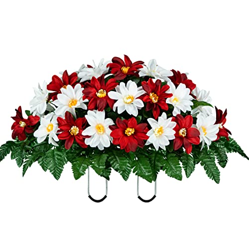 Sympathy Silks Artificial Cemetery Flowers - Realistic - Outdoor Grave Decorations - Non-Bleed Colors, and Easy Fit - Deep Red & White Dahlia Saddle for Headstone - Artificial Flower Arrangements Product: Sympathy Silks Artificial Cemetery Flowers - Realistic - Outdoor Grave Decorations - Non-Bleed Colors, and Easy Fit - Deep Red & White Dahlia Saddle for Headstone