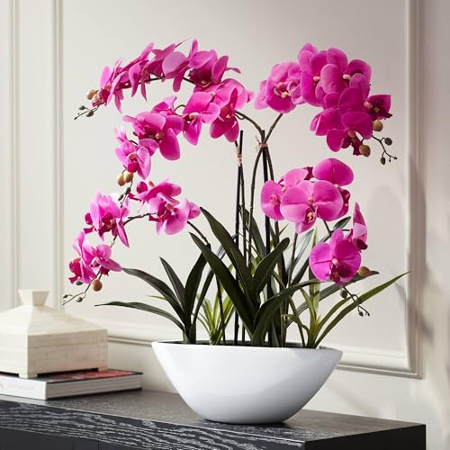 Product: Dahlia Studios Potted Silk Faux Artificial Flowers Arrangement Realistic Pink Orchid in White Ceramic Oval Pot for Home Decoration Living Room Office Bedroom Bathroom Kitchen Dining 28" High