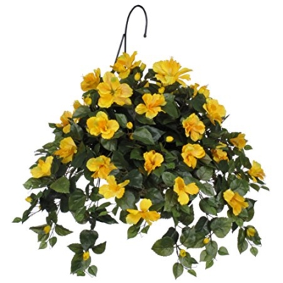 Product: House of Silk Flowers Artificial Yellow Hibiscus Hanging Basket