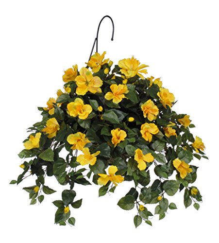 House of Silk Flowers Artificial Yellow Hibiscus Hanging Basket - Artificial Flower Arrangements Product: House of Silk Flowers Artificial Yellow Hibiscus Hanging Basket