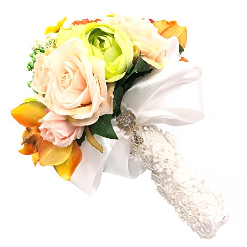 Silky Flower Store Artificial Bridal Rose Peony Bouquet, Green White Orange Flowers, Pale Blue Ribbon Lace Handle, 11in 3 3 Product: Abbie Home Real Touch Flowers Bouquets Rose Bridal Ribbon Crystal Décor Wedding Bouquet (A Bride Bouquet)
