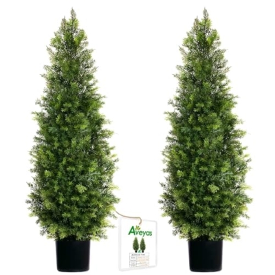 Product: Aveyas 4ft Artificial Cedar Topiary Trees for Outdoor Front Porch Door, 4 Feet Faux Potted Plants Evergreen Fake Pine Cypress Tree for Outside Home Decor (4 ft Tall) - Set of 2 Pack