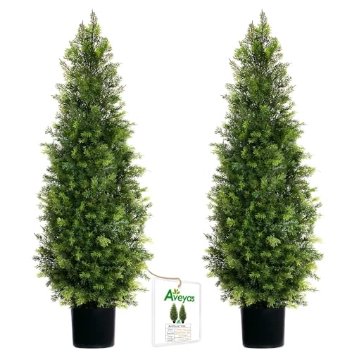 Product: Aveyas 4ft Artificial Cedar Topiary Trees for Outdoor Front Porch Door, 4 Feet Faux Potted Plants Evergreen Fake Pine Cypress Tree for Outside Home Decor (4 ft Tall) - Set of 2 Pack