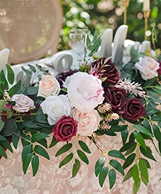 Silky Flower Store Spring Flower Garland, Wedding Arch Flowers, Eucalyptus Rose Artificial Floral Garland, Mantle Table Decor, Marsala, 9FT 13 13 Product: Ling's Moment 9FT Spring Flower Garland - Wedding Arch Flowers, Eucalyptus & Rose, Artificial Floral Garland for Mantle - Sweetheart Table Decor for Reception, Backdrop Decorations, Marsala