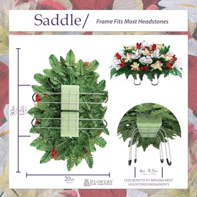 Product: Sympathy Silks Artificial Cemetery Flowers – Realistic Vibrant Tulips, Outdoor Grave Decorations - 30" Red Tulip White Iris Saddle for Headstone