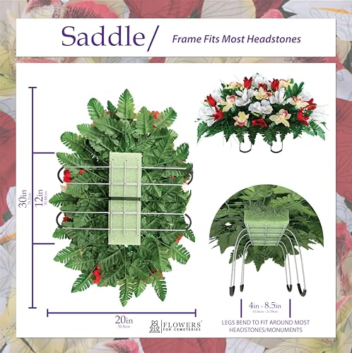 Product: Sympathy Silks Artificial Cemetery Flowers – Realistic Vibrant Tulips, Outdoor Grave Decorations - 30" Red Tulip White Iris Saddle for Headstone