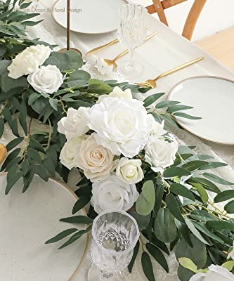 Silky Flower Store Artificial Eucalyptus Garland with Flowers, Ivory White Table Decor, 6ft, 13.75 x 3.5in 8 8 Product: Floroom 6ft Artificial Eucalyptus Garland with Flowers Fake Greenery Faux Floral Vine Garland for Table Decor Wedding Centerpieces Bridal Shower Party Decorations, Ivory White