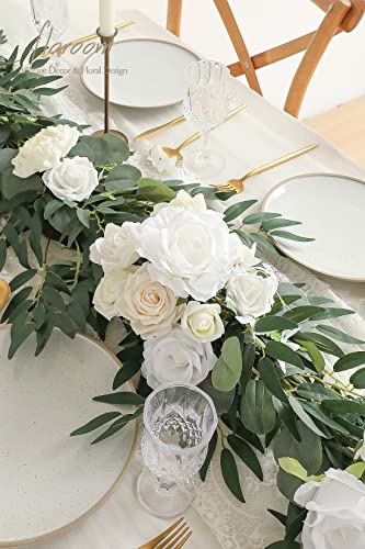 Silky Flower Store Artificial Eucalyptus Garland with Flowers, Ivory White Table Decor, 6ft, 13.75 x 3.5in 2 2 Product: Floroom 6ft Artificial Eucalyptus Garland with Flowers Fake Greenery Faux Floral Vine Garland for Table Decor Wedding Centerpieces Bridal Shower Party Decorations, Ivory White