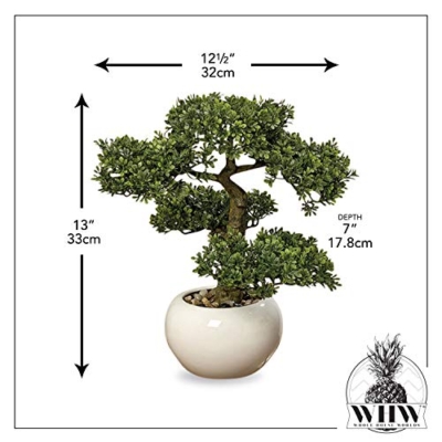 Product: Realistic Faux Harland Boxwood Bonsai Tree, Houseplant, White Round Pot, Pebbles, Padded Bottom, Over 1 Ft Tall, (H33cm)