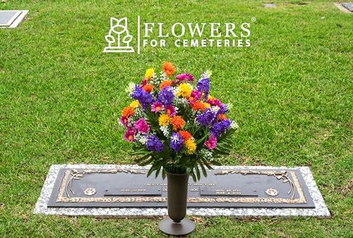 Product: Sympathy Silks Artificial Cemetery Flowers – Realistic Wildflower Outdoor Grave Decorations - Purple Violet Wildflower Bouquet with Cemetery Vase Included