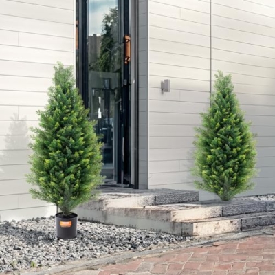 Silky Flower Store Artificial Cedar Topiary Tree, UV Rated Faux Evergreen Home Decor, Indoor Outdoor, 36 in, 2 Pieces 18 18 Product: VEVOR Artificial Cedar Topiary Tree, 36 inch Tall (2 Pieces), with Extra Leaves & Pot Faux Evergreen Fake Pine Cypress Trees Plant, UV Rated Artificial Greenery Set for Home Decor Indoor/Outdoor