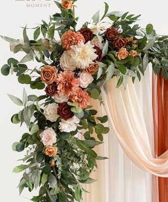 Silky Flower Store Fall Wedding Arch Flowers, Artificial Terracotta Burnt Orange Floral Arch Kit, Sheer Drapes, 5 Piece Set, 32.5cm 10 10 Product: Ling's Moment Fall Wedding Arch Flowers with Sheer Drapes Kit - Artificial Terracotta and Burnt Orange Floral for Ceremony Backdrop, Arbor Decor, 5-Piece Set (2 Flower Stems + 3 Hanging Drapes)