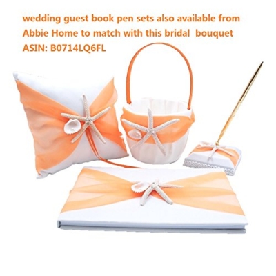 Silky Flower Store Artificial Bridal Rose Peony Bouquet, Green White Orange Flowers, Pale Blue Ribbon Lace Handle, 11in 10 10 Product: Abbie Home Real Touch Flowers Bouquets Rose Bridal Ribbon Crystal Décor Wedding Bouquet (A Bride Bouquet)