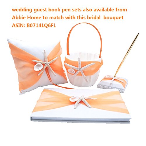 Silky Flower Store Artificial Bridal Rose Peony Bouquet, Green White Orange Flowers, Pale Blue Ribbon Lace Handle, 11in 4 4 Product: Abbie Home Real Touch Flowers Bouquets Rose Bridal Ribbon Crystal Décor Wedding Bouquet (A Bride Bouquet)