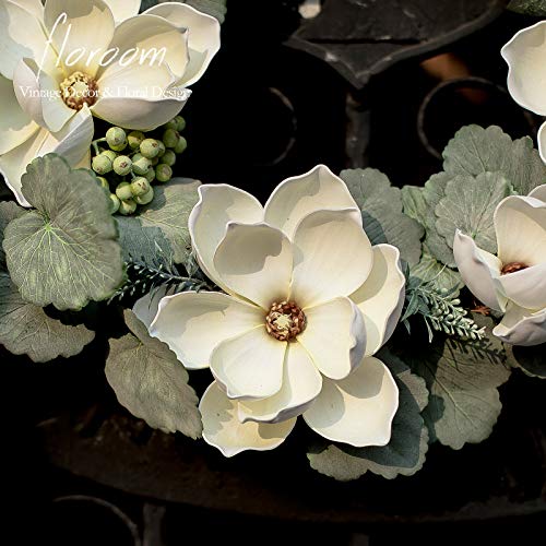 Silky Flower Store Artificial White Magnolia Wreath, Floroom Floral Wreath Front Door Decor, Grapevine Base, 18inches 2 2 Product: Floroom Floral Wreath, 18" Artificial White Magnolia Wreath for Front Door Wedding Decorations Wall Decor