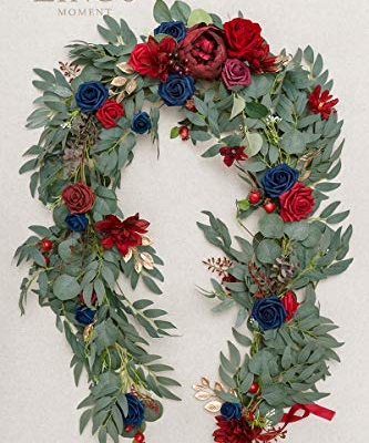 Silky Flower Store Eucalyptus Rose Garland, Burgundy Navy Sweetheart Table Decor, 6FT 9 9 Product: Ling's Moment Flower Garland - 6FT Eucalyptus & Rose - Sweetheart Table Decor for Wedding Reception, Artificial Floral Garland for Mantle, Thanksgiving, Christmas Decoration, Burgundy & Navy
