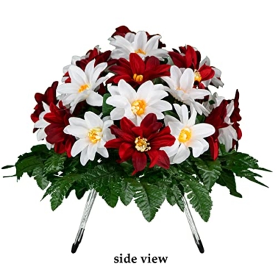 Silky Flower Store Sympathy Silks Artificial Cemetery Flowers, Realistic Outdoor Grave Decorations, Deep Red White Dahlia Saddle 32.5cm 11 11 Product: Sympathy Silks Artificial Cemetery Flowers - Realistic - Outdoor Grave Decorations - Non-Bleed Colors, and Easy Fit - Deep Red & White Dahlia Saddle for Headstone