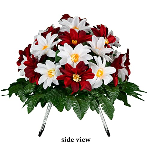 Silky Flower Store Sympathy Silks Artificial Cemetery Flowers, Realistic Outdoor Grave Decorations, Deep Red White Dahlia Saddle 32.5cm 3 3 Product: Sympathy Silks Artificial Cemetery Flowers - Realistic - Outdoor Grave Decorations - Non-Bleed Colors, and Easy Fit - Deep Red & White Dahlia Saddle for Headstone