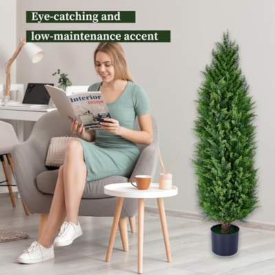 Product: Artificial Cedar Topiary Trees, Set of 2 Lifelike Faux Pruned Cypress with Heavy-Duty Planters – UV-Resistant Outdoor Artificial Shrubs for Indoor/Outdoor Decor (40 Inches)