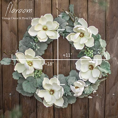 Silky Flower Store Artificial White Magnolia Wreath, Floroom Floral Wreath Front Door Decor, Grapevine Base, 18inches 10 10 Product: Floroom Floral Wreath, 18" Artificial White Magnolia Wreath for Front Door Wedding Decorations Wall Decor
