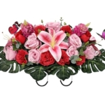 Product: SUHOOKOO Handmade Cemetery Flowers for Grave Decor, Artificial Headstone Flower Saddle, Bright and Colorfast,Easy Fit, Tombstone Silk Pink Rose Lily/Red Carnation Tulip, 2 lovely butterflies included