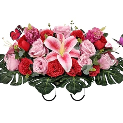 Product: SUHOOKOO Handmade Cemetery Flowers for Grave Decor, Artificial Headstone Flower Saddle, Bright and Colorfast,Easy Fit, Tombstone Silk Pink Rose Lily/Red Carnation Tulip, 2 lovely butterflies included