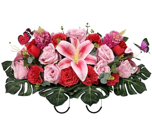 SUHOOKOO Handmade Cemetery Flowers for Grave Decor, Artificial Headstone Flower Saddle, Bright and Colorfast,Easy Fit, Tombstone Silk Pink Rose Lily/Red Carnation Tulip, 2 lovely butterflies included - Artificial Flower Arrangements Product: SUHOOKOO Handmade Cemetery Flowers for Grave Decor, Artificial Headstone Flower Saddle, Bright and Colorfast,Easy Fit, Tombstone Silk Pink Rose Lily/Red Carnation Tulip, 2 lovely butterflies included