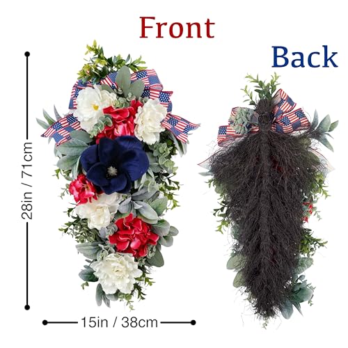 Silky Flower Store Patriotic Teardrop Wreath, Red White Blue Summer Floral Swag, USA Flag Bow, Artificial Front Door Decor, 28in 1 1 Product: 4th of July Patriotic Swag - Red White Blue Summer Floral Swag with USA Flag Printed Bow - Artificial Flower Teardrop Wreath - American Summer Home Decor for Frong Door Porch Wall