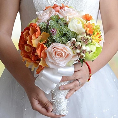 Silky Flower Store Artificial Bridal Rose Peony Bouquet, Green White Orange Flowers, Pale Blue Ribbon Lace Handle, 11in 8 8 Product: Abbie Home Real Touch Flowers Bouquets Rose Bridal Ribbon Crystal Décor Wedding Bouquet (A Bride Bouquet)