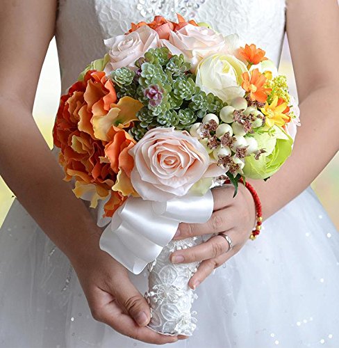 Silky Flower Store Artificial Bridal Rose Peony Bouquet, Green White Orange Flowers, Pale Blue Ribbon Lace Handle, 11in 2 2 Product: Abbie Home Real Touch Flowers Bouquets Rose Bridal Ribbon Crystal Décor Wedding Bouquet (A Bride Bouquet)