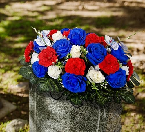 Silky Flower Store Artificial Cemetery Flowers Headstone Flower Saddle, Memorial Grave Decorations Vibrant Roses Carnation, 35 Flowers 2 Butterflies, 32.5cm 6 6 Product: Saxili Artificial Cemetery Flowers - Headstone Flower Saddle -Memorial Day Flower for Grave Decorations - Realistic Vibrant Roses Carnation