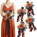 Product: Ling's Moment Artificial Flowers Orange & Navy Bridesmaid Bouquet Set of 4, Orange Wedding Flowers Bouquets for Bridesmaids, 7 Inch Bridal Bouquets for Bridesmaids, Wedding Decor, etc