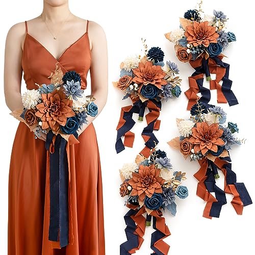 Ling's Moment Artificial Flowers Orange & Navy Bridesmaid Bouquet Set of 4, Orange Wedding Flowers Bouquets for Bridesmaids, 7 Inch Bridal Bouquets for Bridesmaids, Wedding Decor, etc - Artificial Flower Arrangements Product: Ling's Moment Artificial Flowers Orange & Navy Bridesmaid Bouquet Set of 4, Orange Wedding Flowers Bouquets for Bridesmaids, 7 Inch Bridal Bouquets for Bridesmaids, Wedding Decor, etc