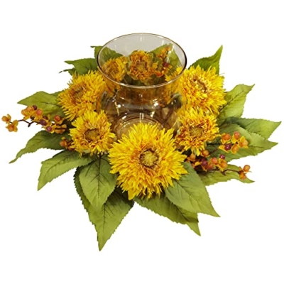 Product: Nearly Natural Golden Sunflower Candelabrum Silk Flower Arrangement