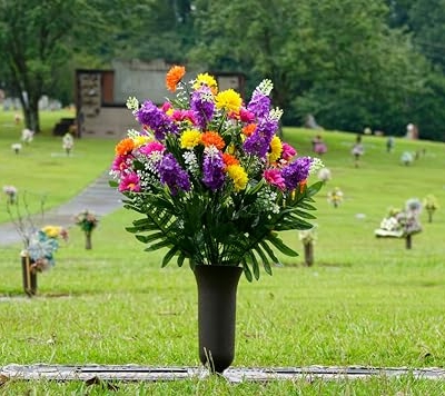 Product: Sympathy Silks Artificial Cemetery Flowers – Realistic Wildflower Outdoor Grave Decorations - Purple Violet Wildflower Bouquet with Cemetery Vase Included