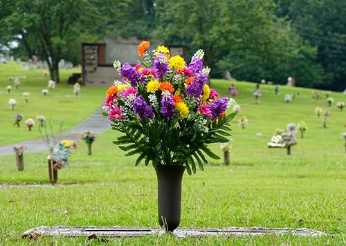 Product: Sympathy Silks Artificial Cemetery Flowers – Realistic Wildflower Outdoor Grave Decorations - Purple Violet Wildflower Bouquet with Cemetery Vase Included