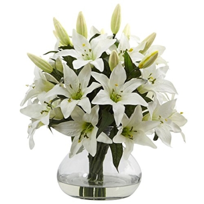 Product: Nearly Natural 16in. Lily Silk Arrangement with Glass Vase