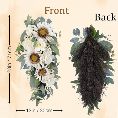 Silky Flower Store Artificial Sunflower Peony Rose Teardrop Wreath, White Floral Swag, Indoor Outdoor Door Wall Decor, 28in 1 1 Product: 2-Pcs Spring Summer Floral Teardrop Swags - 28” Artificial Sunflower, Peony, Rose Teardrop Wreath for Door, Wall, Window - White Floral Arrangement for Home Decor