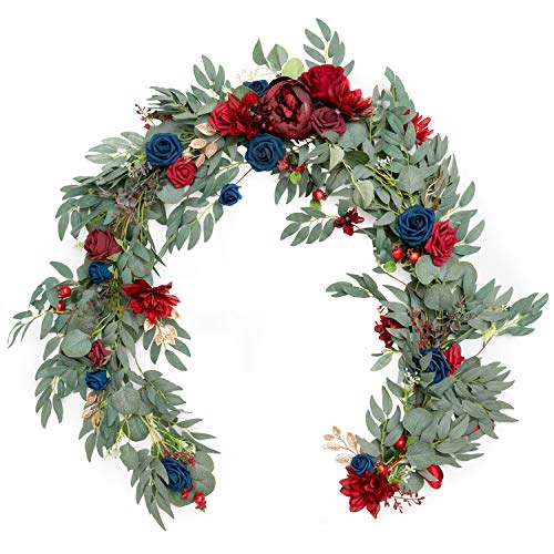 Ling's Moment Flower Garland - 6FT Eucalyptus & Rose - Sweetheart Table Decor for Wedding Reception, Artificial Floral Garland for Mantle, Thanksgiving, Christmas Decoration, Burgundy & Navy - Artificial Flower Arrangements Product: Ling's Moment Flower Garland - 6FT Eucalyptus & Rose - Sweetheart Table Decor for Wedding Reception, Artificial Floral Garland for Mantle, Thanksgiving, Christmas Decoration, Burgundy & Navy