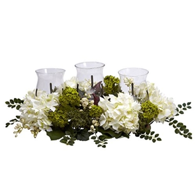 Silky Flower Store Nearly Natural Snowball Hydrangea Triple Candelabrum, Glass Hurricane Candle Holders, Decorative Home Accent, 32.5cm 9 9 Product: Nearly Natural Snowball Hydrangea Triple Candelabrum