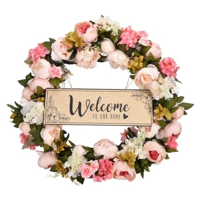 Product: KAYPE Spring Wreaths for Front Door 24 inch All Season Door Wreath - Peony Wreath for Front Door with Welcome Sign Board Hanging Ring, Home Decor Artificial All Seasons Flower Wreath for Garden Patio