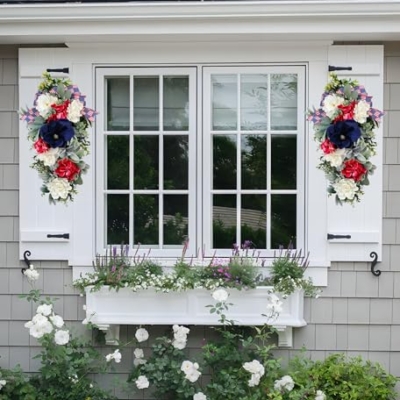 Silky Flower Store Patriotic Teardrop Wreath, Red White Blue Summer Floral Swag, USA Flag Bow, Artificial Front Door Decor, 28in 17 17 Product: 4th of July Patriotic Swag - Red White Blue Summer Floral Swag with USA Flag Printed Bow - Artificial Flower Teardrop Wreath - American Summer Home Decor for Frong Door Porch Wall
