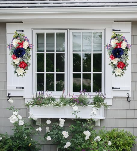 Silky Flower Store Patriotic Teardrop Wreath, Red White Blue Summer Floral Swag, USA Flag Bow, Artificial Front Door Decor, 28in 8 8 Product: 4th of July Patriotic Swag - Red White Blue Summer Floral Swag with USA Flag Printed Bow - Artificial Flower Teardrop Wreath - American Summer Home Decor for Frong Door Porch Wall